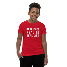 Load image into Gallery viewer, REAL EYES REALIZE REAL LIES (Red) - Youth Premium T-Shirt

