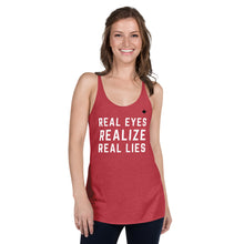 Load image into Gallery viewer, REAL EYES REALIZE REAL LIES (Vintage Red) - Women&#39;s Racerback Tank
