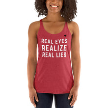 Load image into Gallery viewer, REAL EYES REALIZE REAL LIES (Vintage Red) - Women&#39;s Racerback Tank
