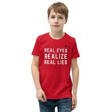 Load image into Gallery viewer, REAL EYES REALIZE REAL LIES (Red) - Youth Premium T-Shirt
